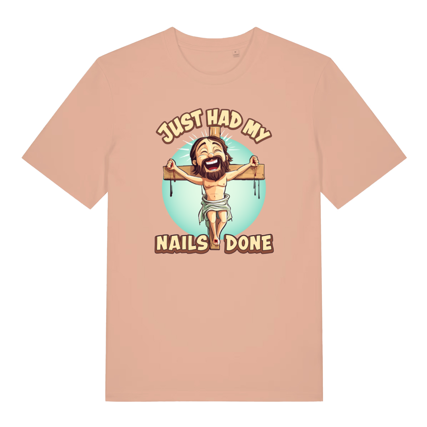 peach women's funny offensive t-shirt with the graphic of jesus on the cross and the slogan 'just had my nails done'