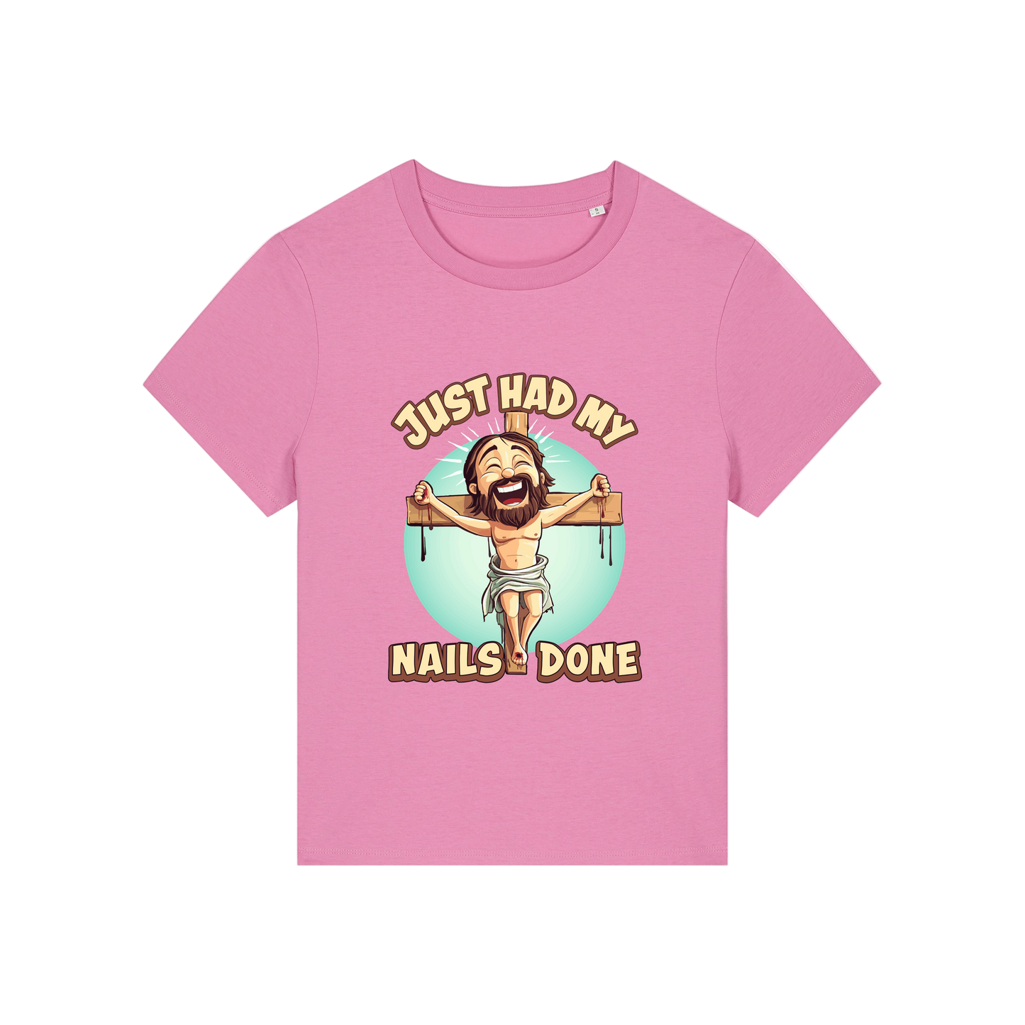 pink funny jesus t-shirt with the graphic of jesus on a cross and the slogan 'just had my nails done'
