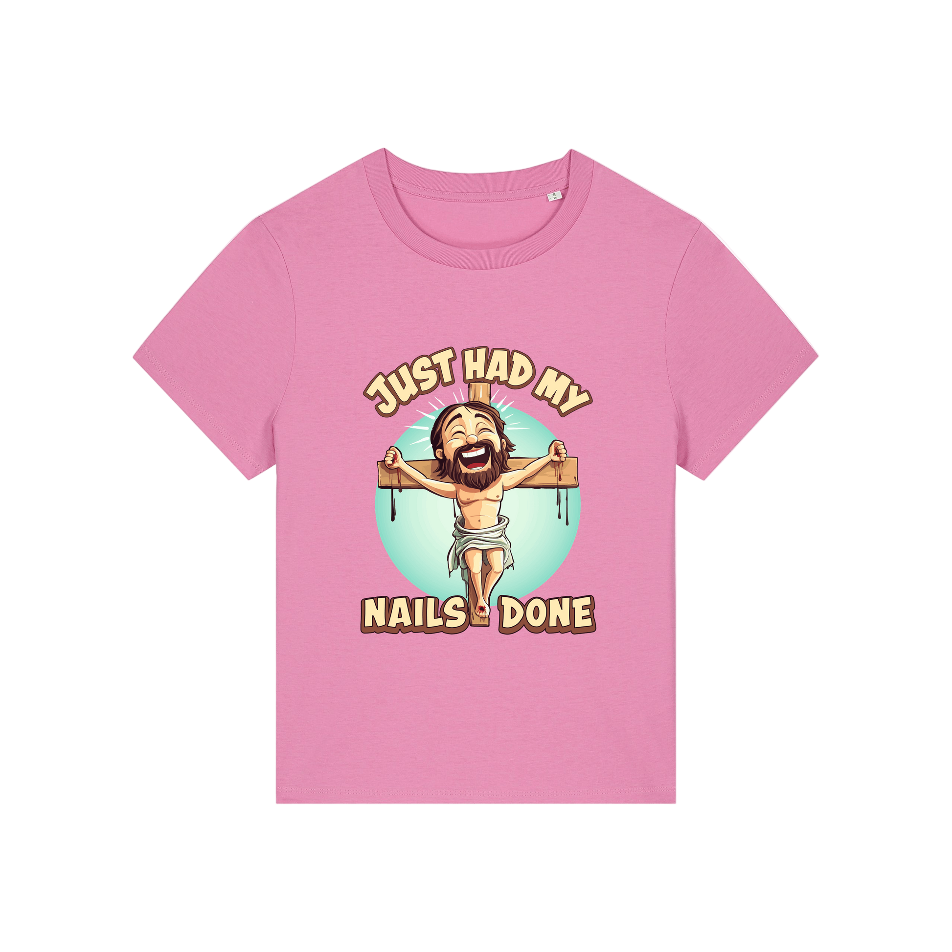 pink funny jesus t-shirt with the graphic of jesus on a cross and the slogan 'just had my nails done'