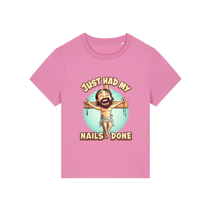 pink funny jesus t-shirt with the graphic of jesus on a cross and the slogan 'just had my nails done'