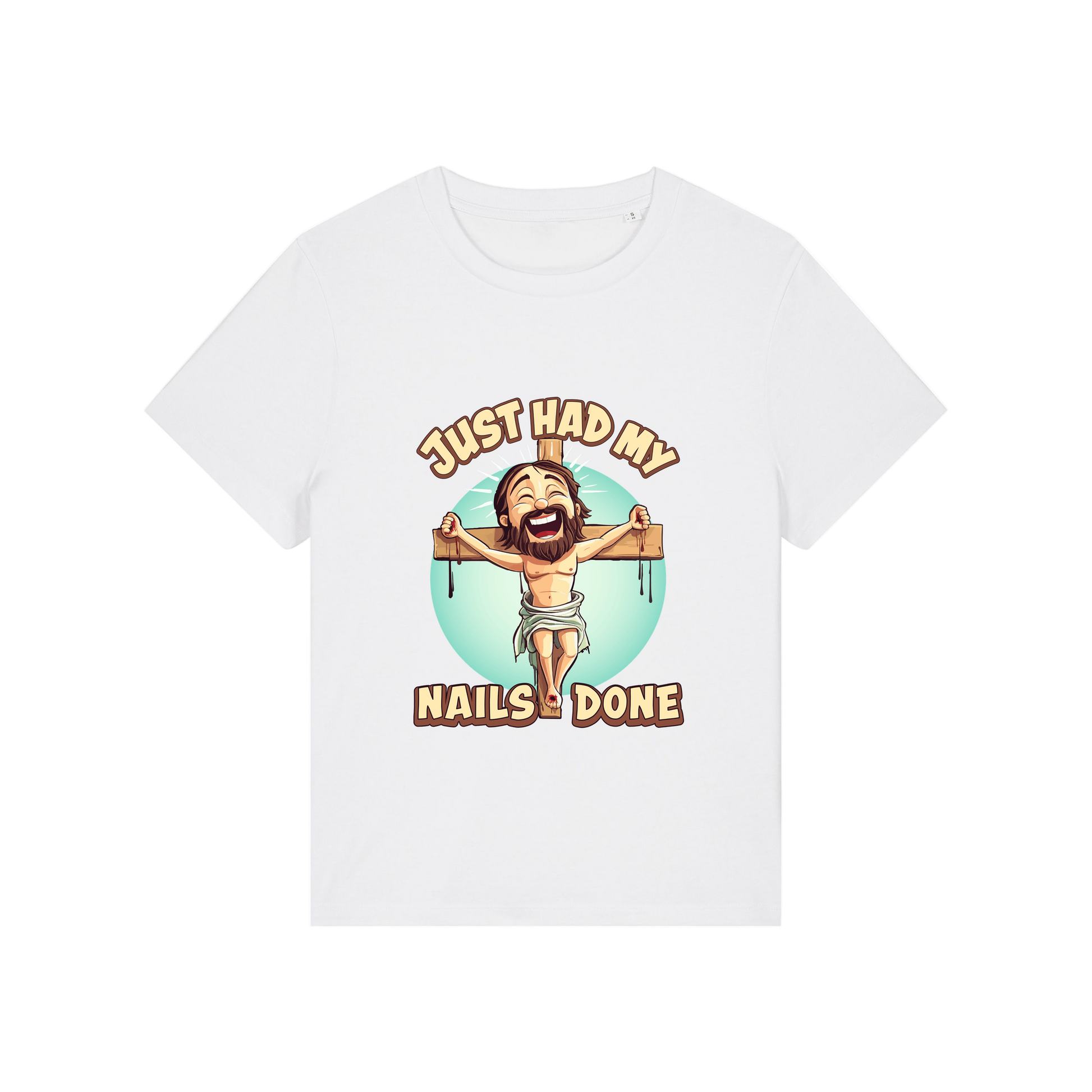 white funny jesus t-shirt with the graphic of jesus on a cross and the slogan 'just had my nails done'