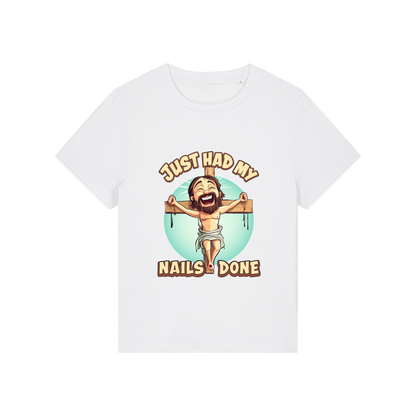 white funny jesus t-shirt with the graphic of jesus on a cross and the slogan 'just had my nails done'