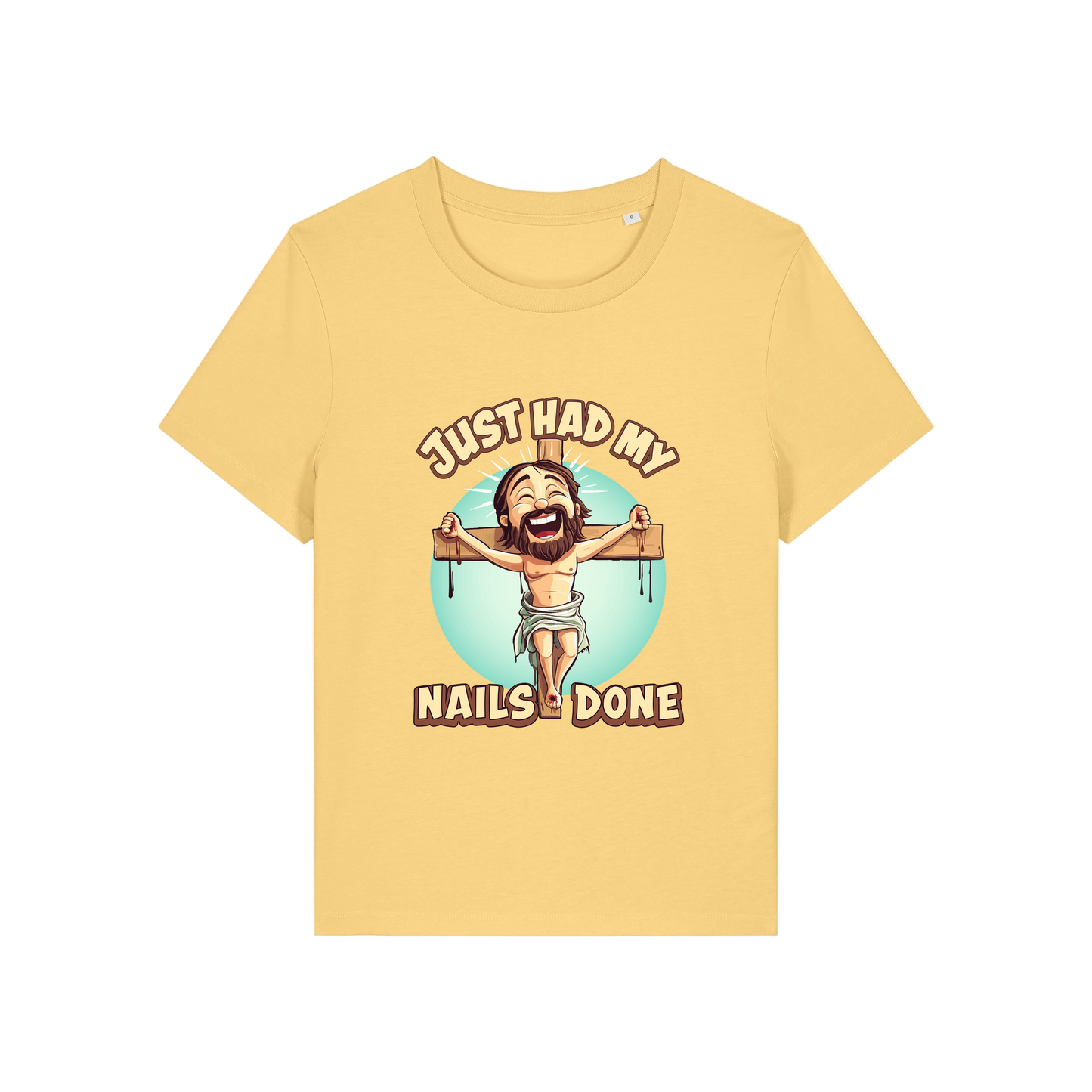 yellow funny jesus t-shirt with the graphic of jesus on a cross and the slogan 'just had my nails done'