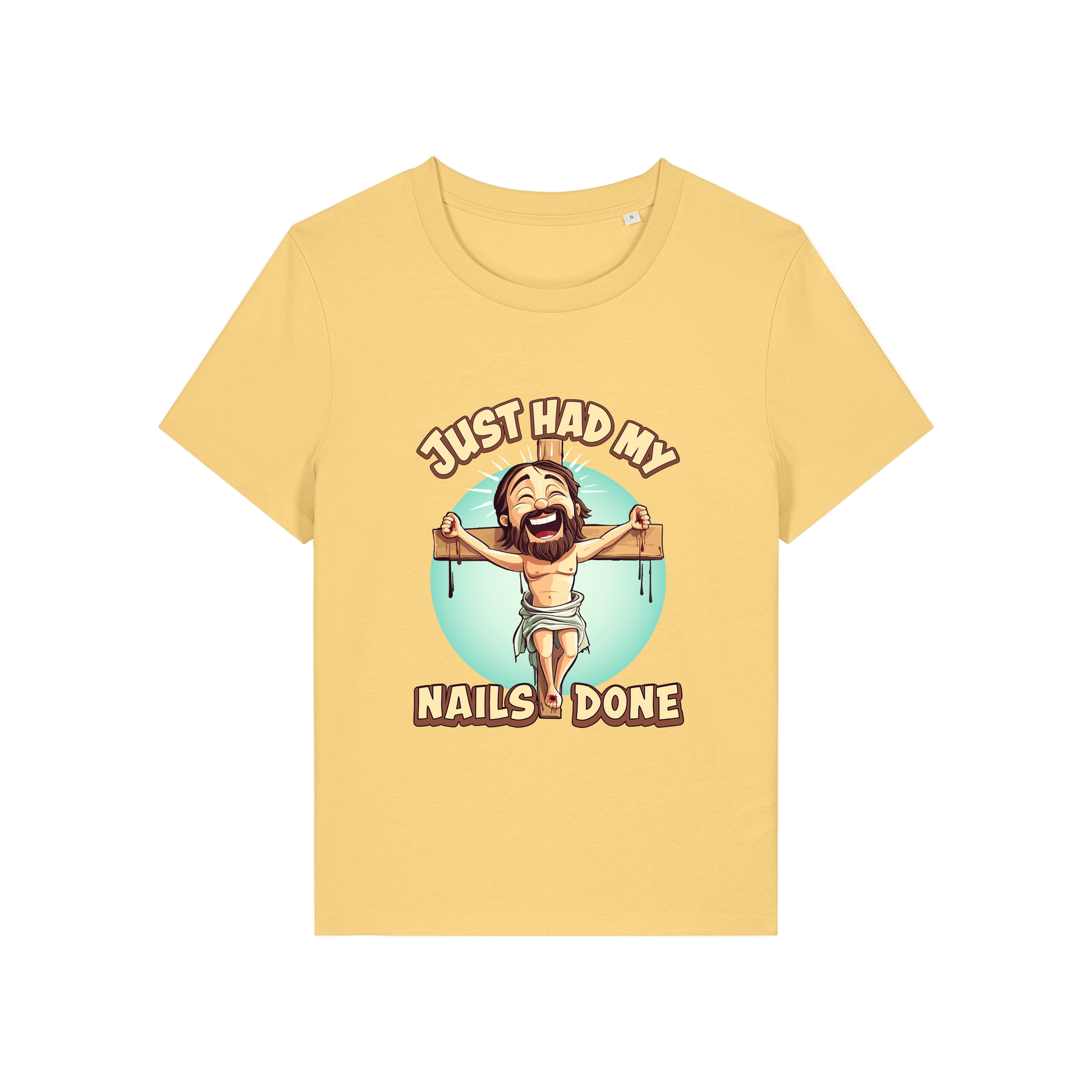yellow funny jesus t-shirt with the graphic of jesus on a cross and the slogan 'just had my nails done'