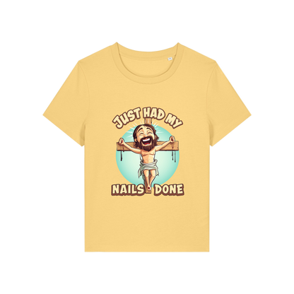 yellow funny jesus t-shirt with the graphic of jesus on a cross and the slogan 'just had my nails done'