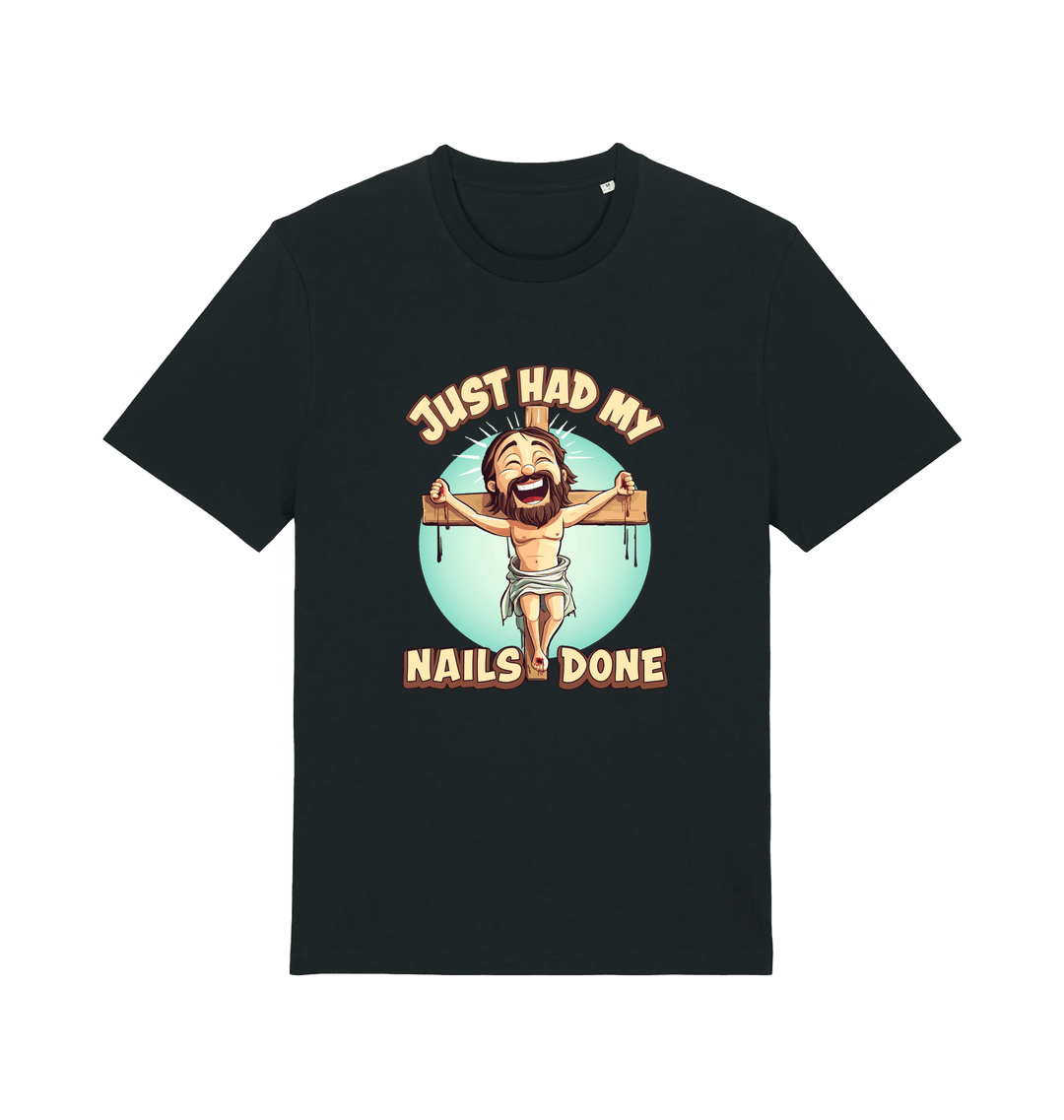black funny jesus t-shirt with the graphic of a cartoon jesus on the cross and the slogan 'just had my nails done'