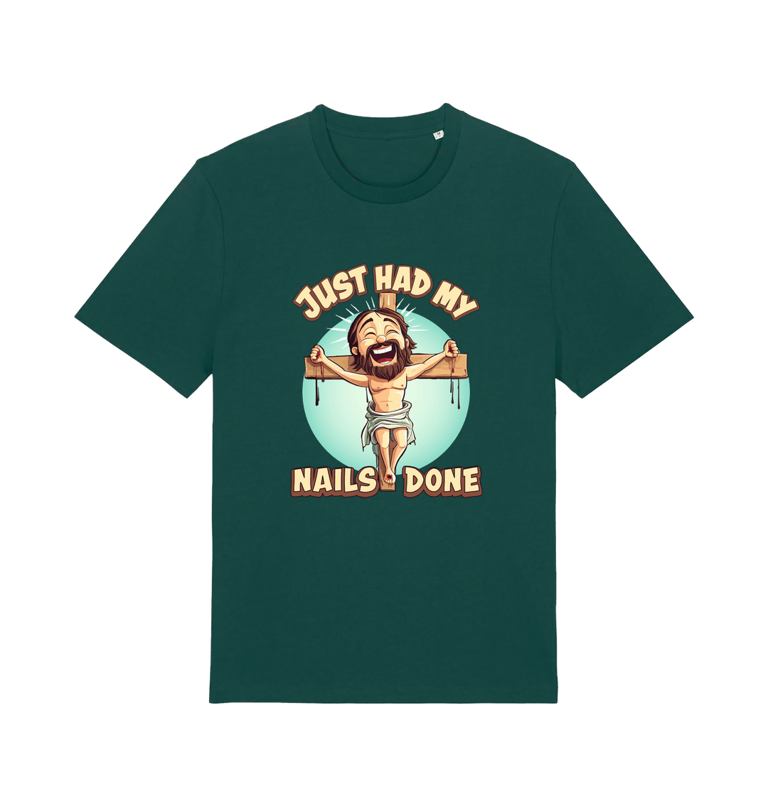green funny jesus t-shirt with the graphic of a cartoon jesus on the cross and the slogan 'just had my nails done'
