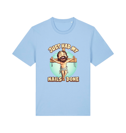 light blue funny jesus t-shirt with the graphic of a cartoon jesus on the cross and the slogan 'just had my nails done'