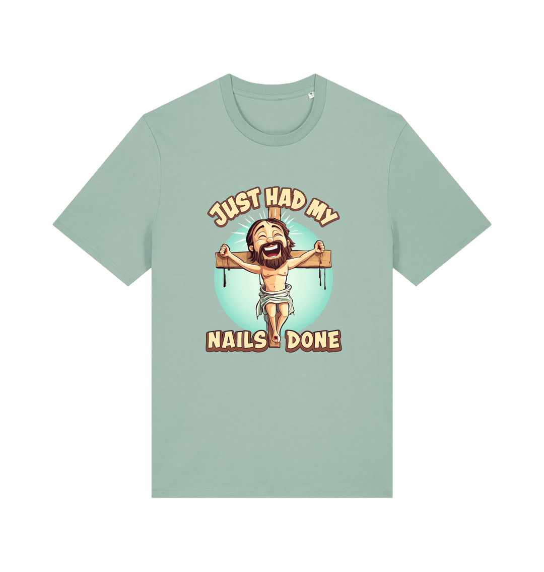 mint green funny jesus t-shirt with the graphic of a cartoon jesus on the cross and the slogan 'just had my nails done'