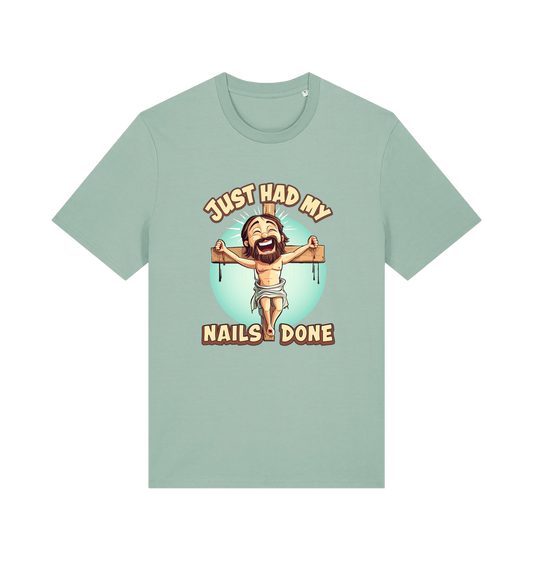 mint green funny jesus t-shirt with the graphic of a cartoon jesus on the cross and the slogan 'just had my nails done'