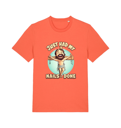 orange funny jesus t-shirt with the graphic of a cartoon jesus on the cross and the slogan 'just had my nails done'