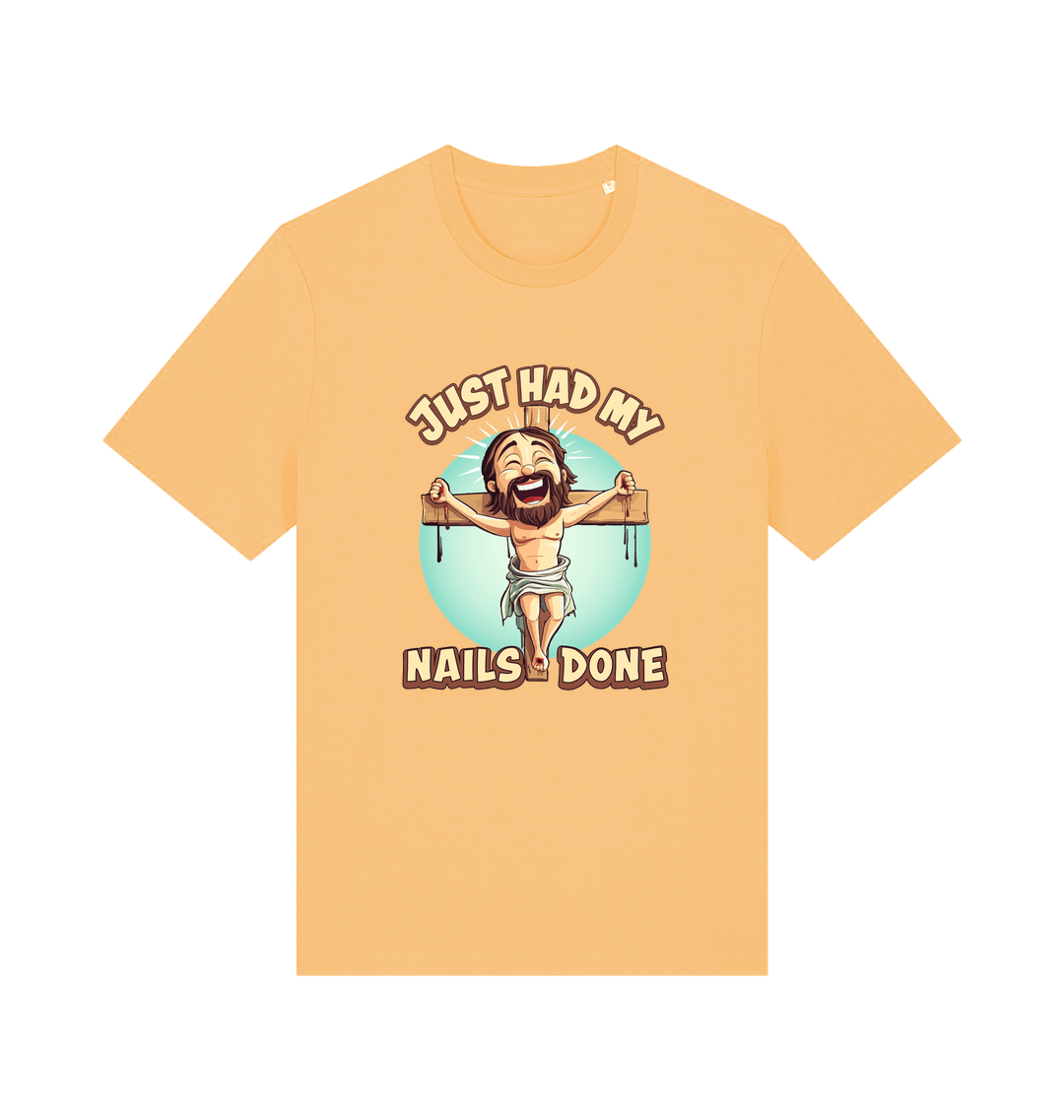 yellow funny jesus t-shirt with the graphic of a cartoon jesus on the cross and the slogan 'just had my nails done'