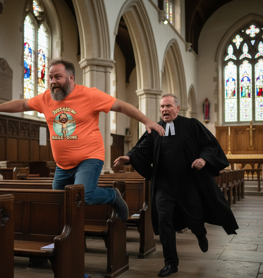 Man in an orange shirt interacting with a priest in a church setting