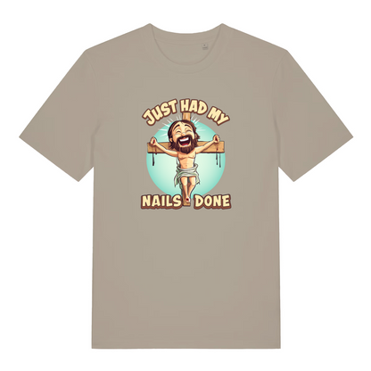 stone funny offensive t-shirt with the graphic of jesus on the cross and the slogan 'just had my nails done'