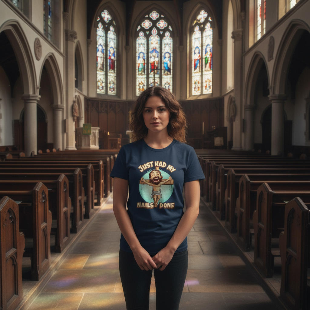 Woman wearing a blue t-shirt with a graphic design in a church setting