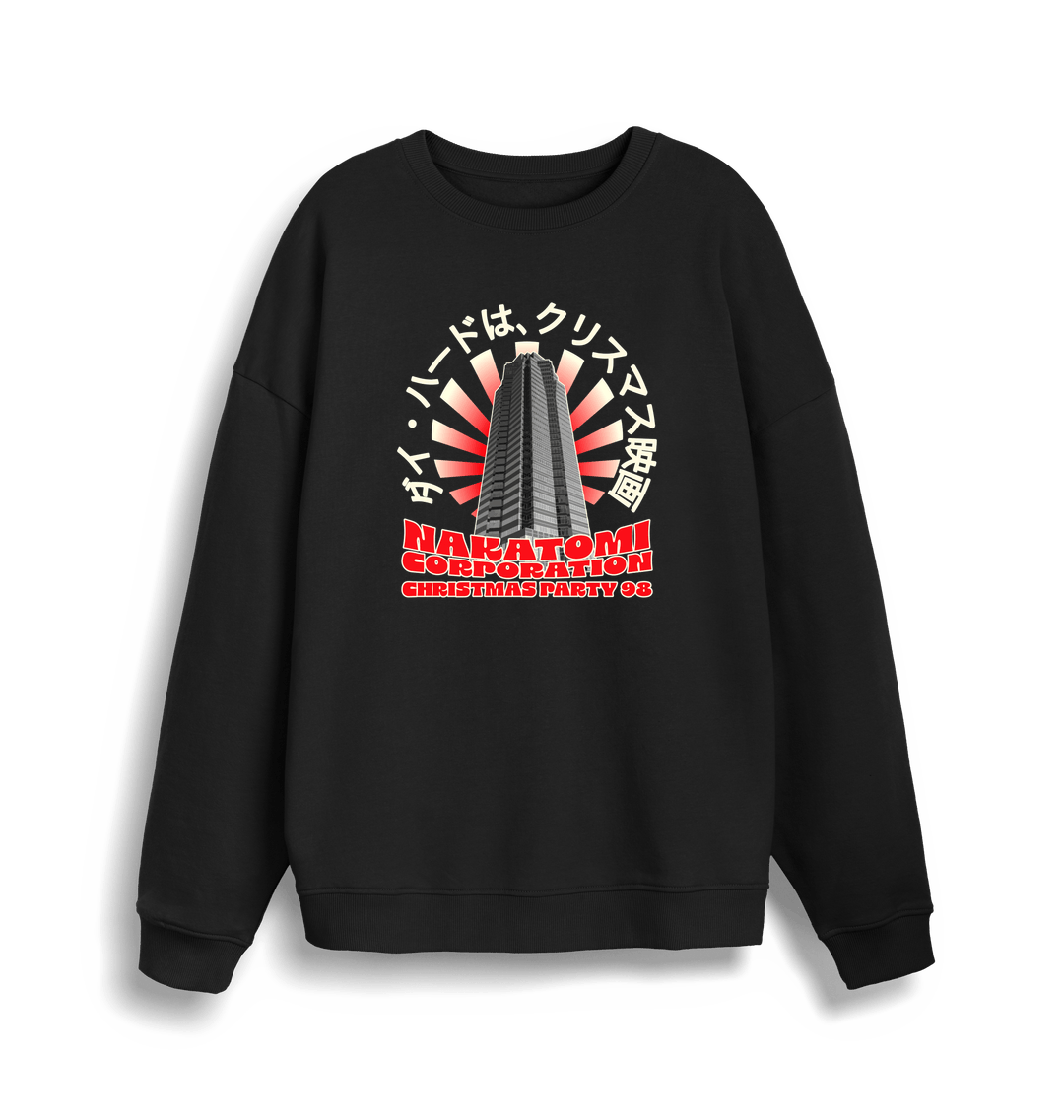black christmas sweater with the graphic of a sky scraper and the slogan nakatomi corporation christmas party'