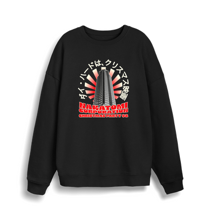 black christmas sweater with the graphic of a sky scraper and the slogan nakatomi corporation christmas party'
