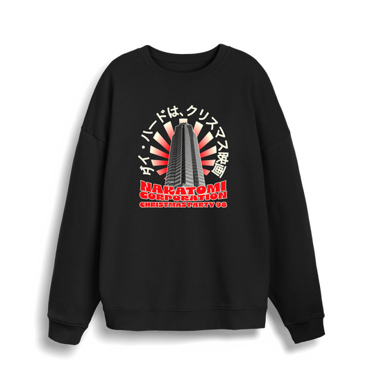 black christmas sweater with the graphic of a sky scraper and the slogan nakatomi corporation christmas party'