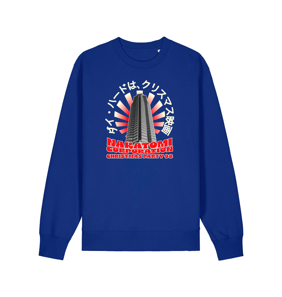 blue christmas sweater with the graphic of a sky scraper and the slogan nakatomi corporation christmas party'