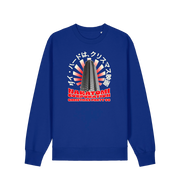 blue christmas sweater with the graphic of a sky scraper and the slogan nakatomi corporation christmas party'