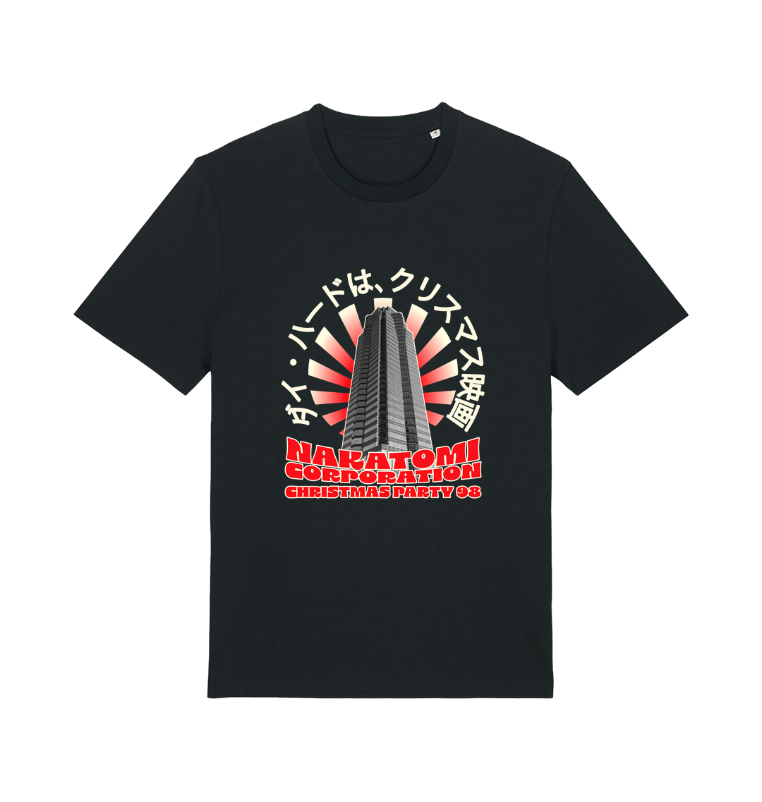 black christmas t-shirt with the graphic of a tower and the slogan 'nakatomi corporation christmas party'