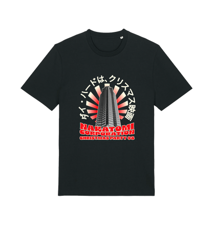 black christmas t-shirt with the graphic of a tower and the slogan 'nakatomi corporation christmas party'