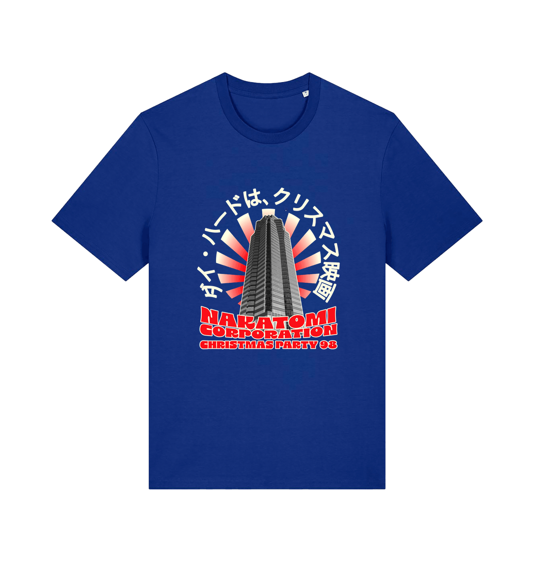 blue christmas t-shirt with the graphic of a tower and the slogan 'nakatomi corporation christmas party'