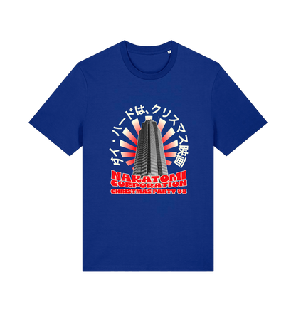 blue christmas t-shirt with the graphic of a tower and the slogan 'nakatomi corporation christmas party'