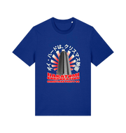 blue christmas t-shirt with the graphic of a tower and the slogan 'nakatomi corporation christmas party'