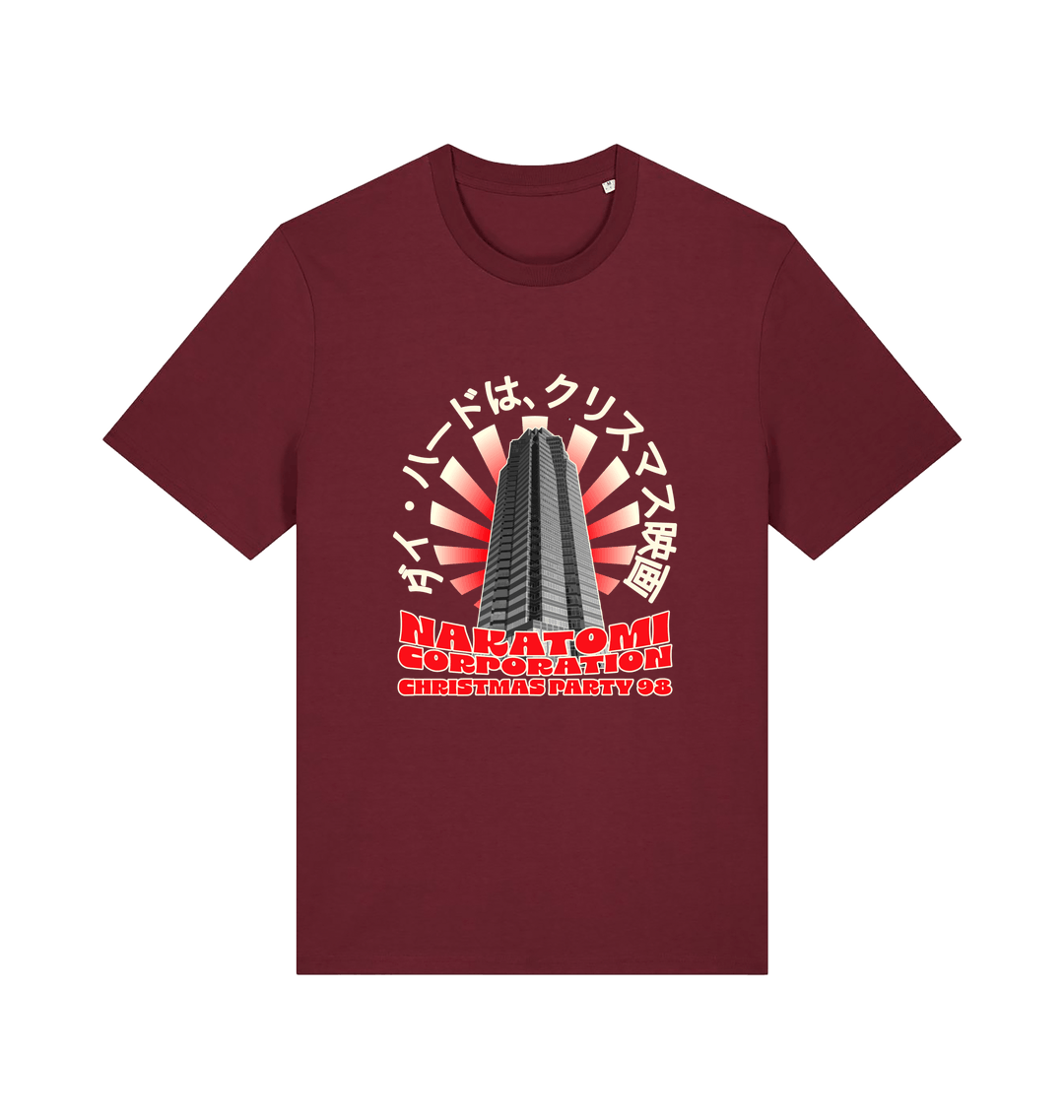 burgundy christmas t-shirt with the graphic of a tower and the slogan 'nakatomi corporation christmas party'