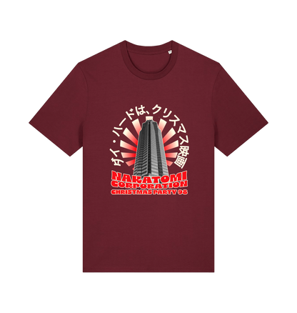 burgundy christmas t-shirt with the graphic of a tower and the slogan 'nakatomi corporation christmas party'