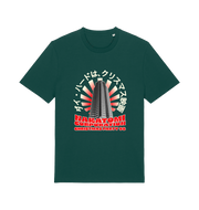 green christmas t-shirt with the graphic of a tower and the slogan 'nakatomi corporation christmas party'