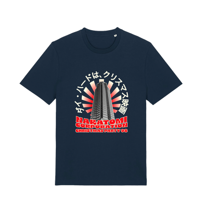 navy christmas t-shirt with the graphic of a tower and the slogan 'nakatomi corporation christmas party'