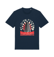navy christmas t-shirt with the graphic of a tower and the slogan 'nakatomi corporation christmas party'