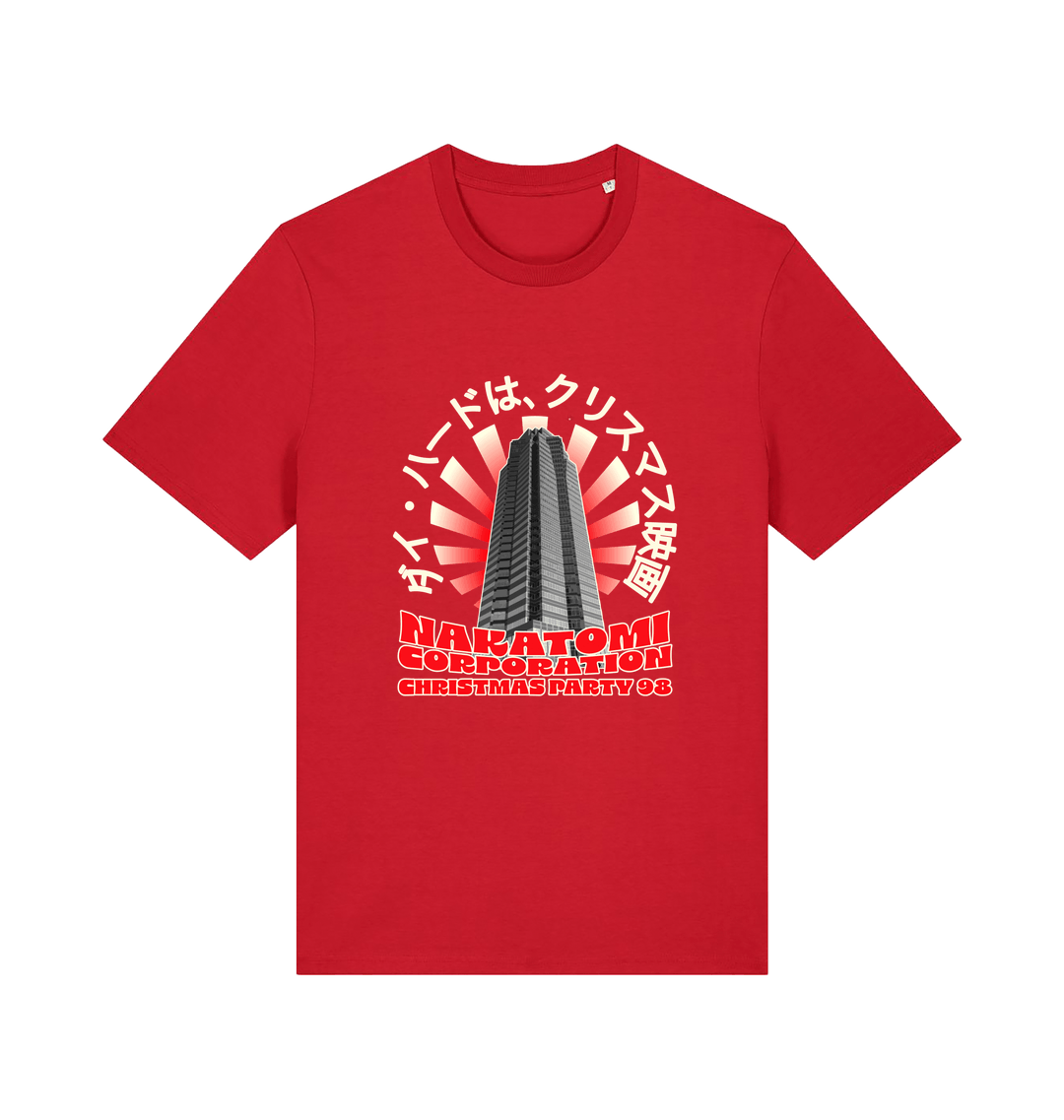 red christmas t-shirt with the graphic of a tower and the slogan 'nakatomi corporation christmas party'
