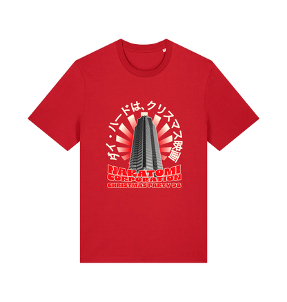 red christmas t-shirt with the graphic of a tower and the slogan 'nakatomi corporation christmas party'