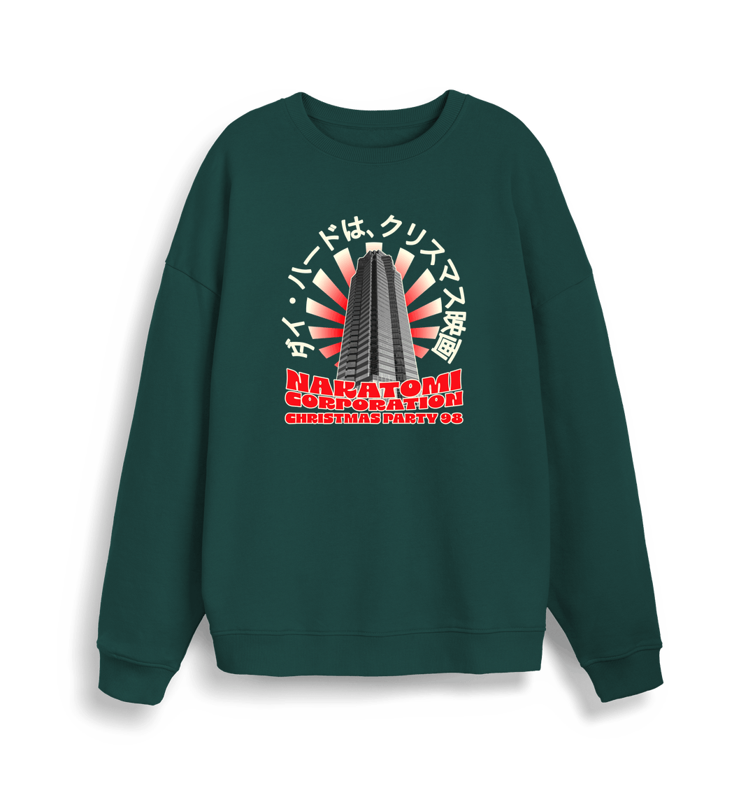 green christmas sweater with the graphic of a sky scraper and the slogan nakatomi corporation christmas party'
