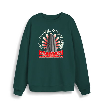 green christmas sweater with the graphic of a sky scraper and the slogan nakatomi corporation christmas party'