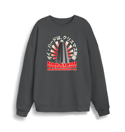 grey christmas sweater with the graphic of a sky scraper and the slogan nakatomi corporation christmas party'