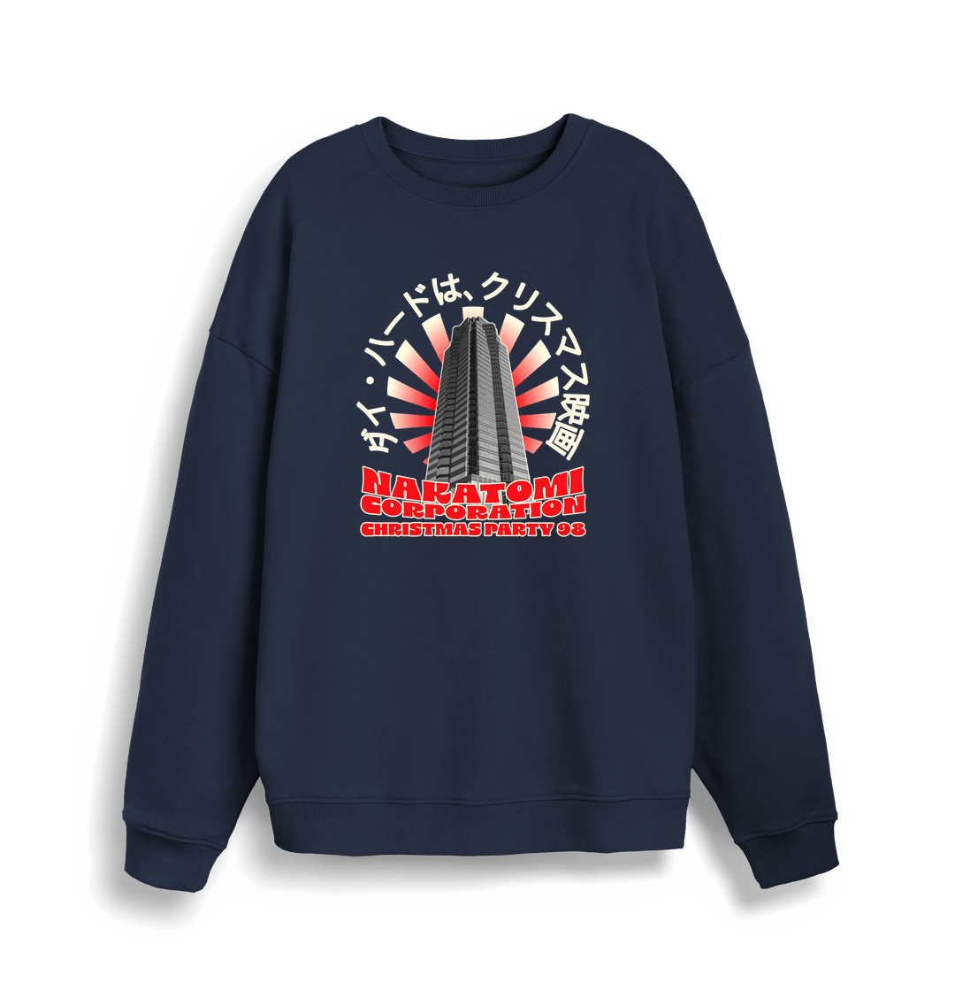 navy christmas sweater with the graphic of a sky scraper and the slogan nakatomi corporation christmas party'