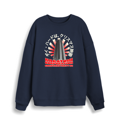 navy christmas sweater with the graphic of a sky scraper and the slogan nakatomi corporation christmas party'