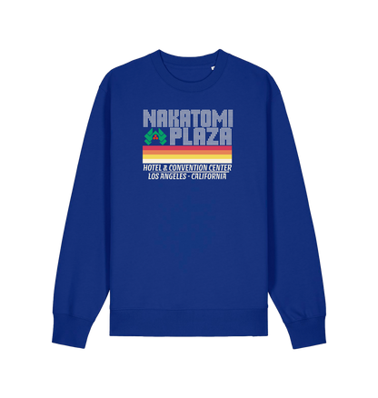 blue christmas sweater with a retro design and the slogan 'nakatomi plaza hotel and convention centre'