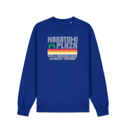 blue christmas sweater with a retro design and the slogan 'nakatomi plaza hotel and convention centre'