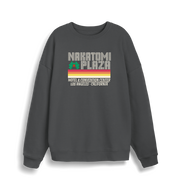 grey christmas sweater with a retro design and the slogan 'nakatomi plaza hotel and convention centre'