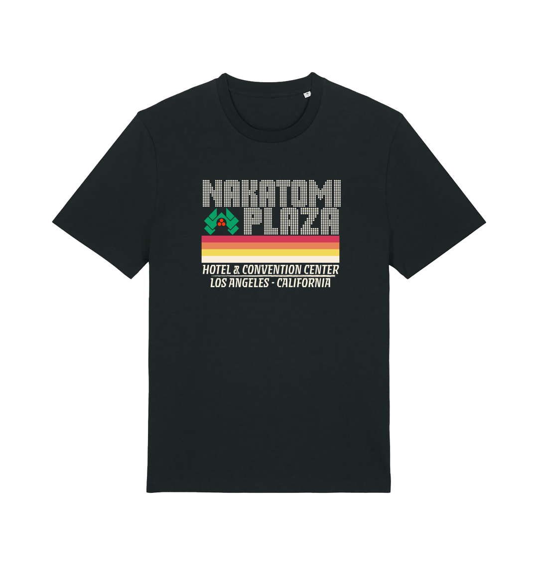 black christmas t-shirt with a retro design and the slogan 'nakatomi plaza hotel and convention centre'