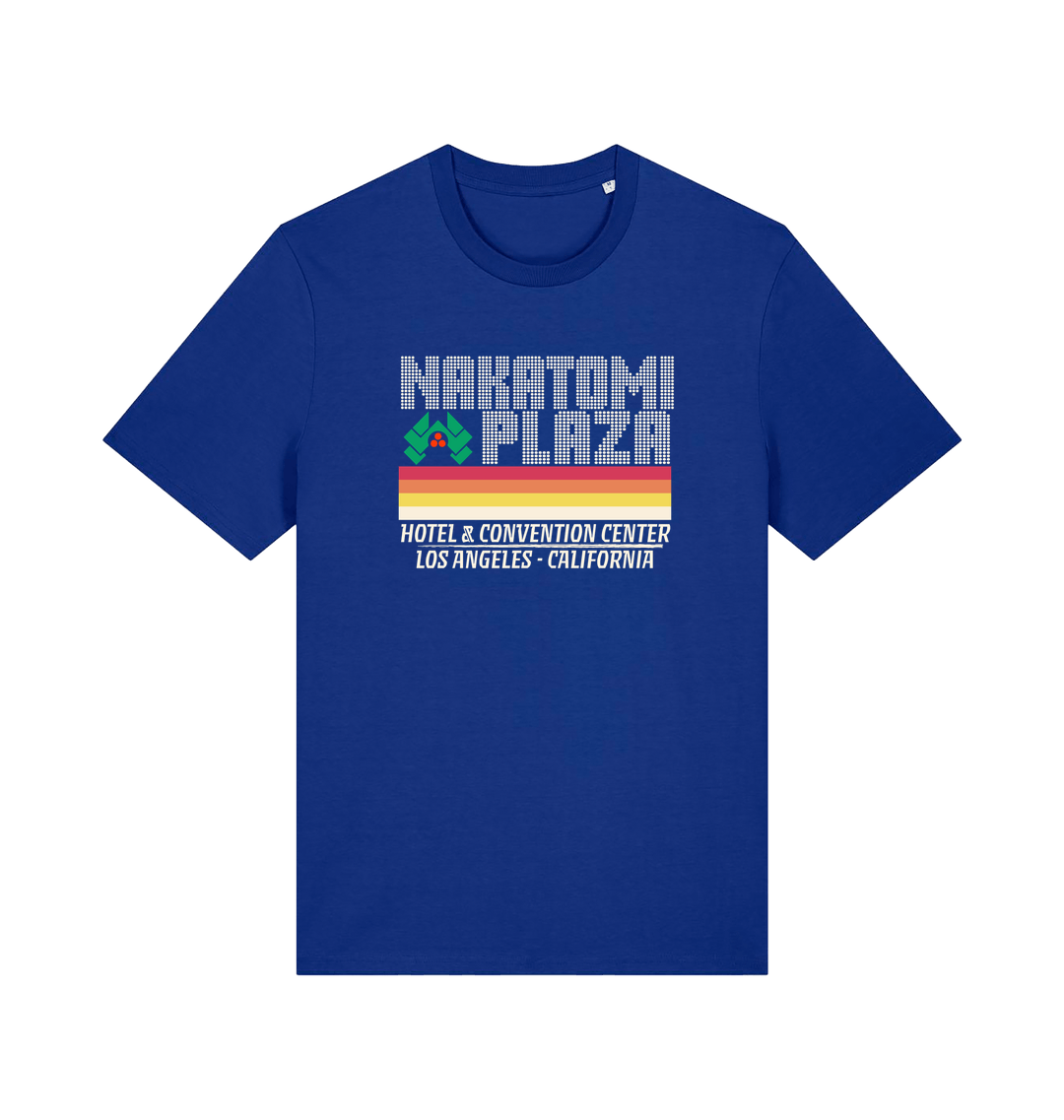 blue christmas t-shirt with a retro design and the slogan 'nakatomi plaza hotel and convention centre'