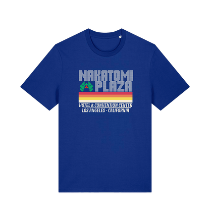 blue christmas t-shirt with a retro design and the slogan 'nakatomi plaza hotel and convention centre'
