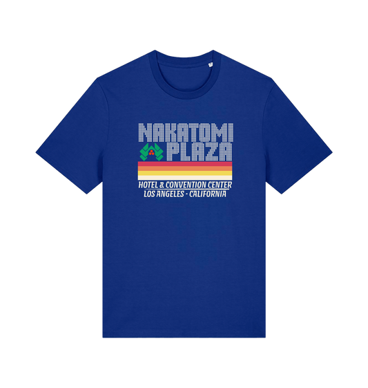 blue christmas t-shirt with a retro design and the slogan 'nakatomi plaza hotel and convention centre'