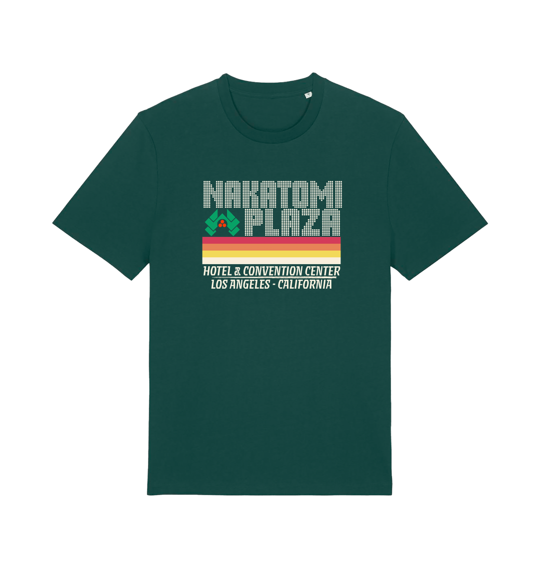 green christmas t-shirt with a retro design and the slogan 'nakatomi plaza hotel and convention centre'