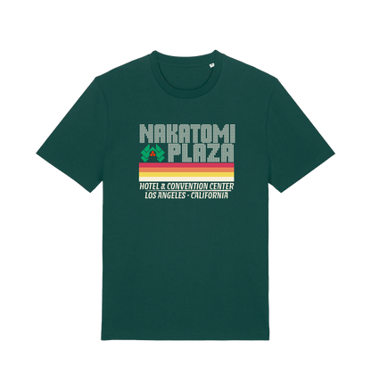 green christmas t-shirt with a retro design and the slogan 'nakatomi plaza hotel and convention centre'